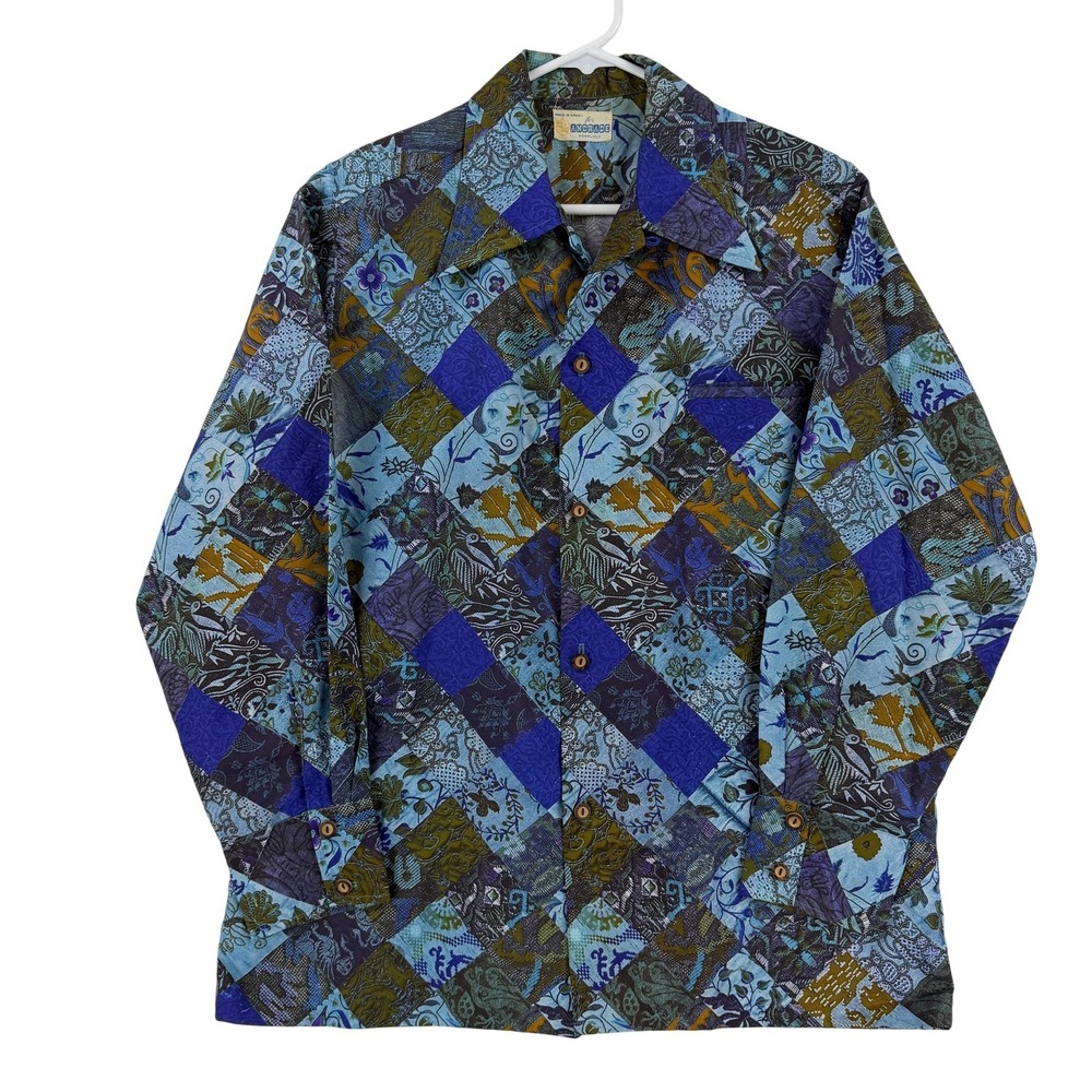 Vintage Andrade Shirt Mens Medium Blue Geo Disco Long Sleeve Button Up Hawaiian